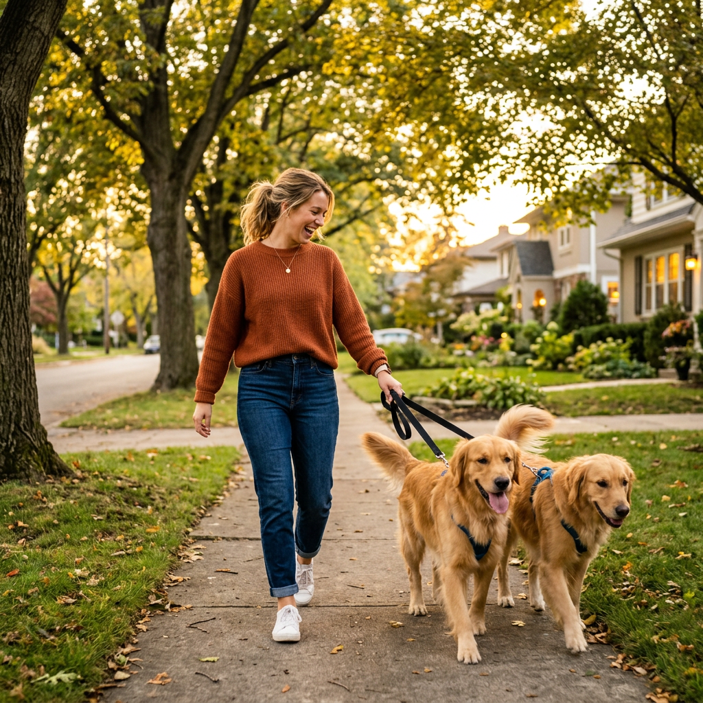 Woman walking two golden retrievers on sunny sidewalk