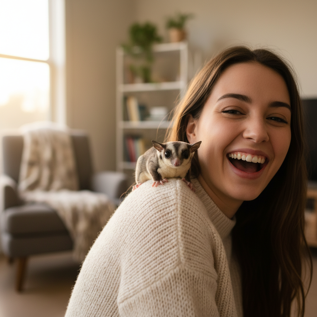 Woman with sugar glider on her shoulder