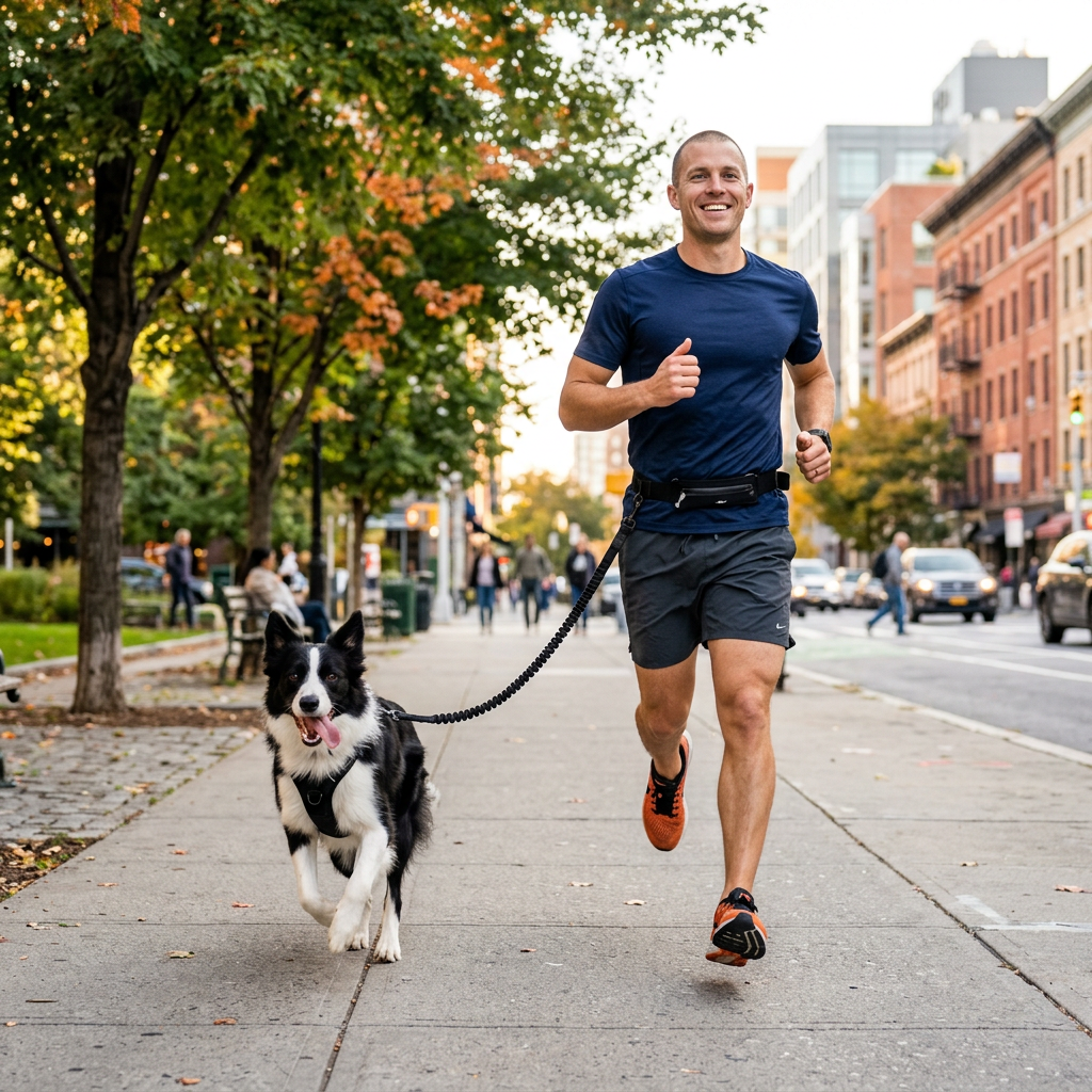 Man jogging on sidewalk with border collie