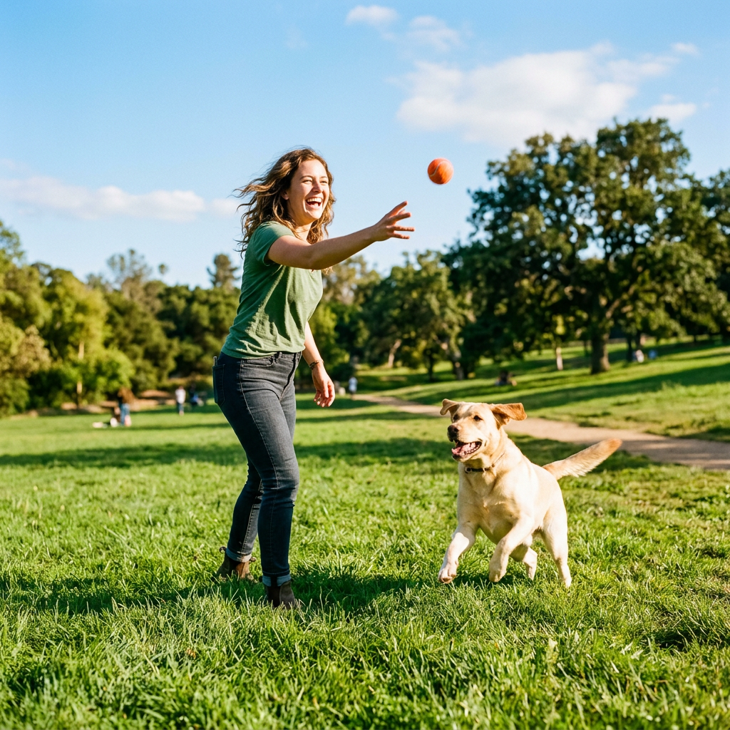 Woman playing fetch with labrador in the park