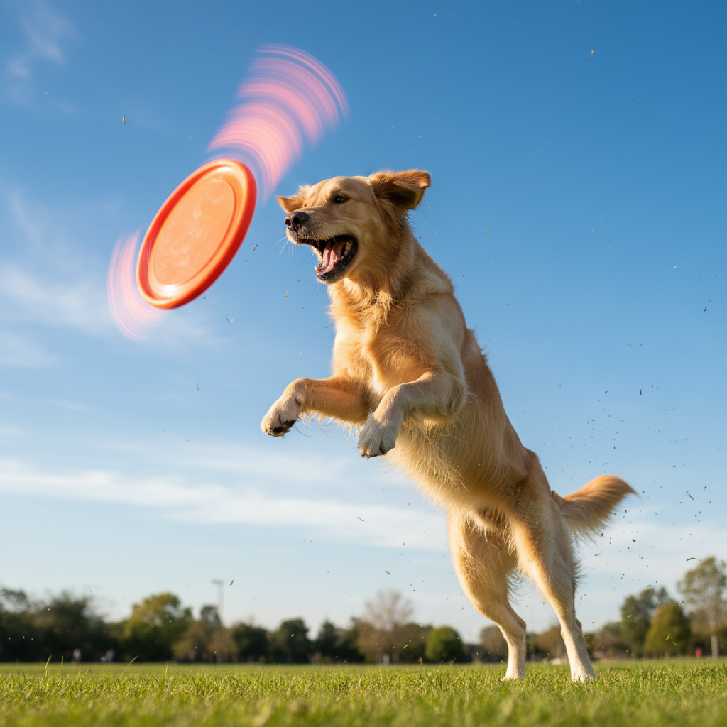 Golden retriever leaping to catch a frisbee