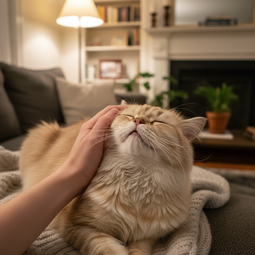 Person petting a fluffy cat