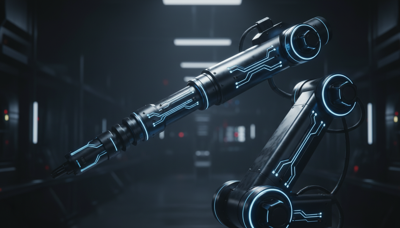 Industrial automation with robotic arm and blue data paths