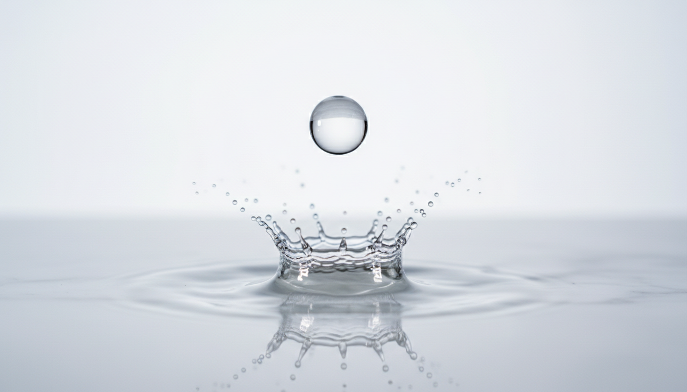 Crystal clear water droplet on white marble - representing pure water technology