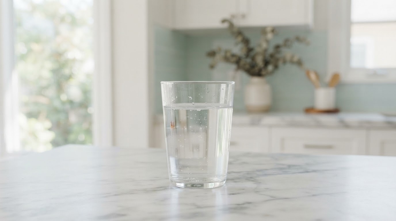 Bright home interior with a glass of clear water