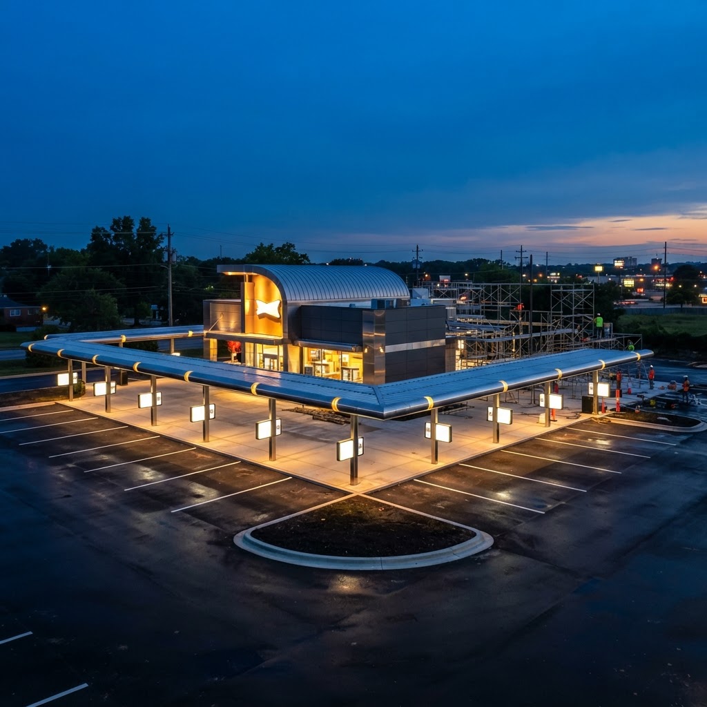 Freshly renovated drive-in at dusk
