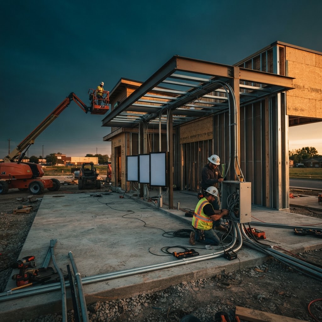 Commercial construction crew installing technology infrastructure