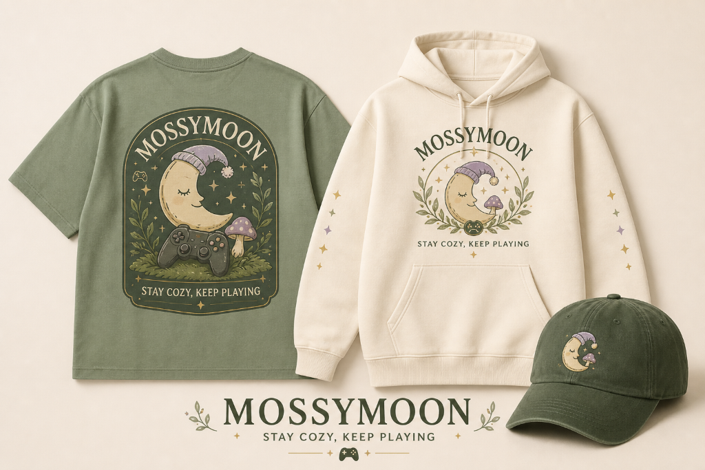 Mossymoon — Stay Cozy, Keep Playing Merch Concept