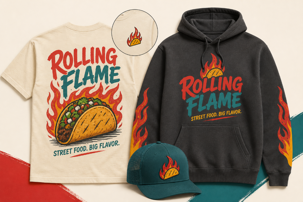 Rolling Flame — Street Food, Big Flavor Merch Concept