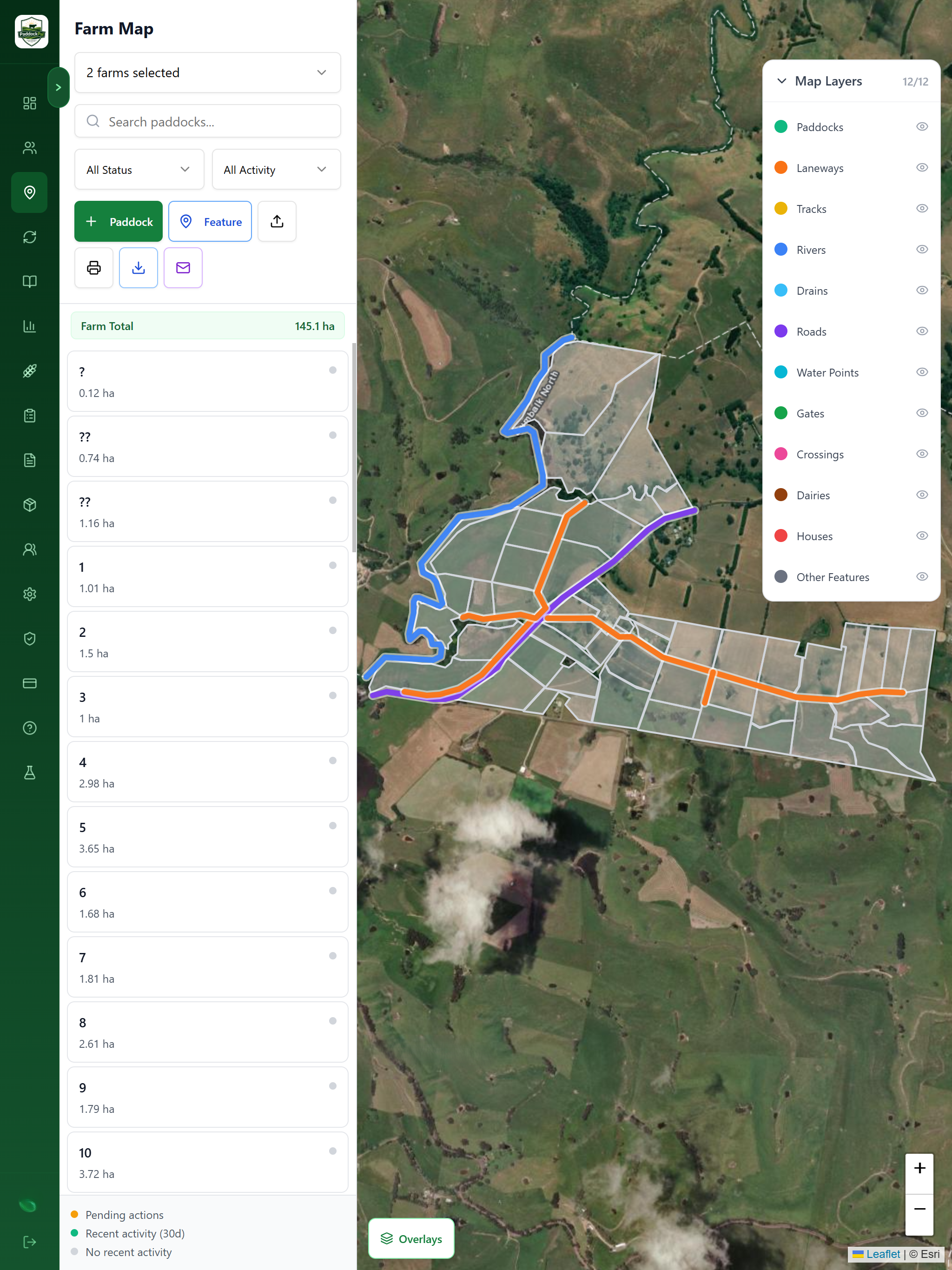 PaddockPal Farm Map showing mapped paddocks, farm features and the Map Layers panel