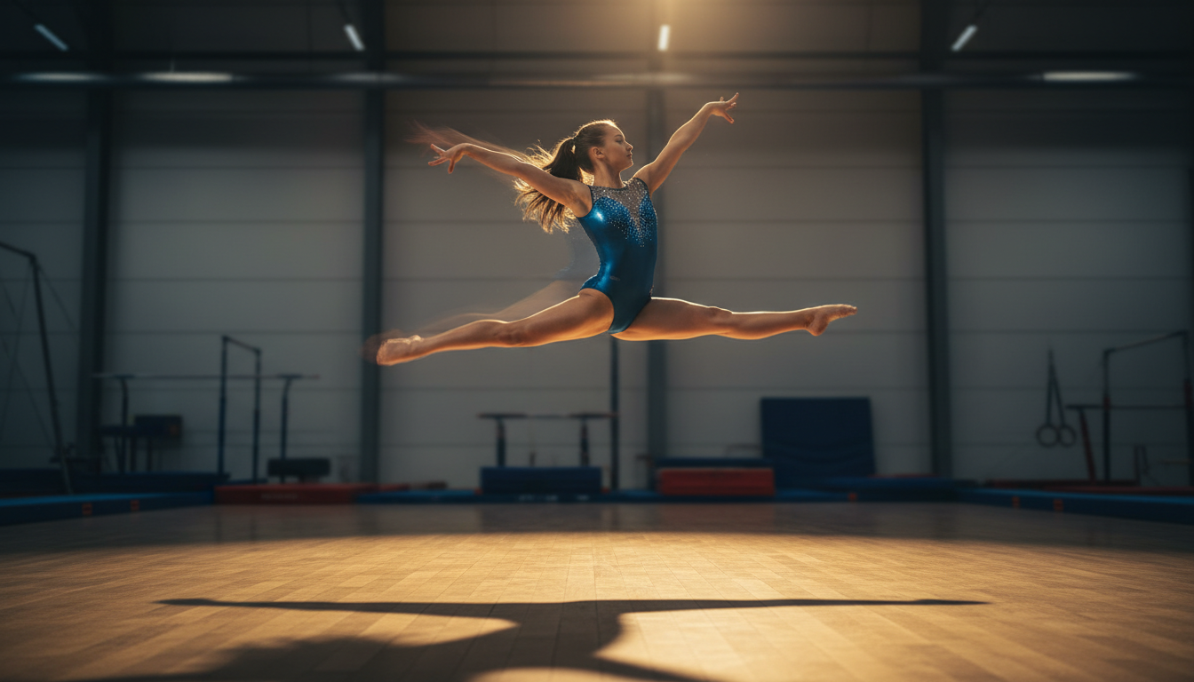 Gymnast performing a dynamic leap in a modern gymnasium