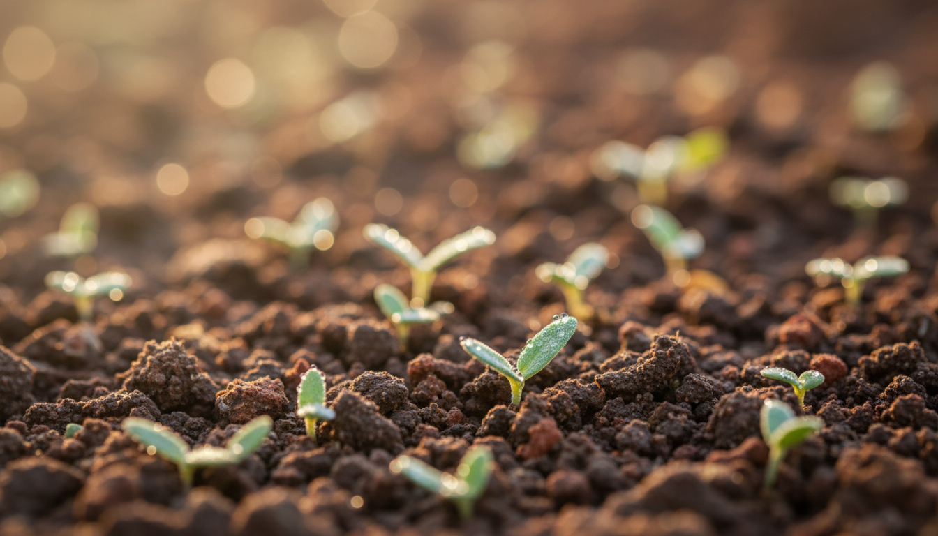 Rich soil with herb sprouts emerging