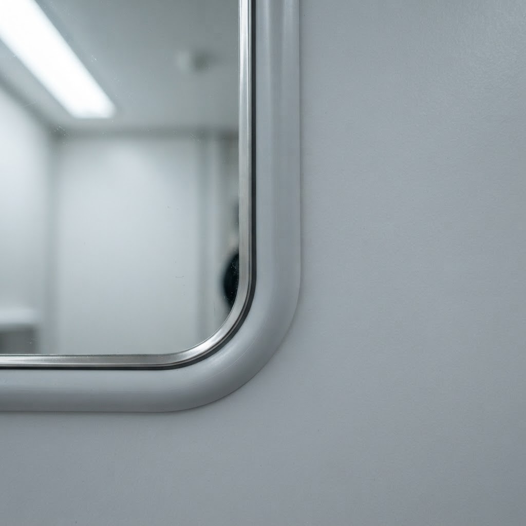 Anti-ligature radiused perimeter seal on a recessed aluminium mirror edge in a secure washroom