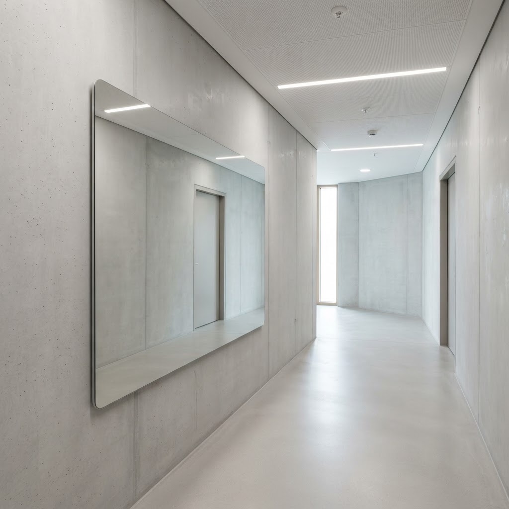 Polished aluminium non-glass safety mirror installed flush to a wall in a secure custodial corridor