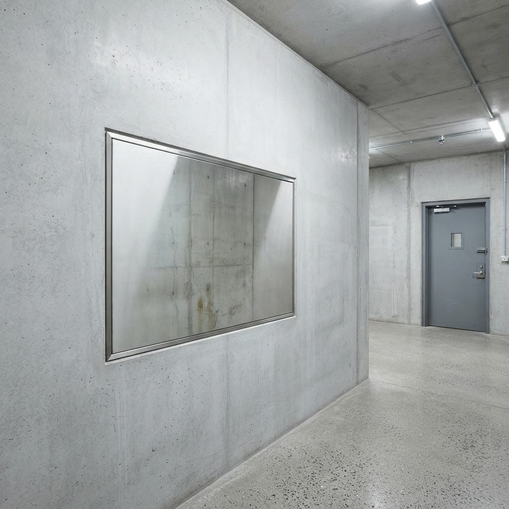Polished aluminium LSE-HS high security mirror assembly installed in a high-security facility
