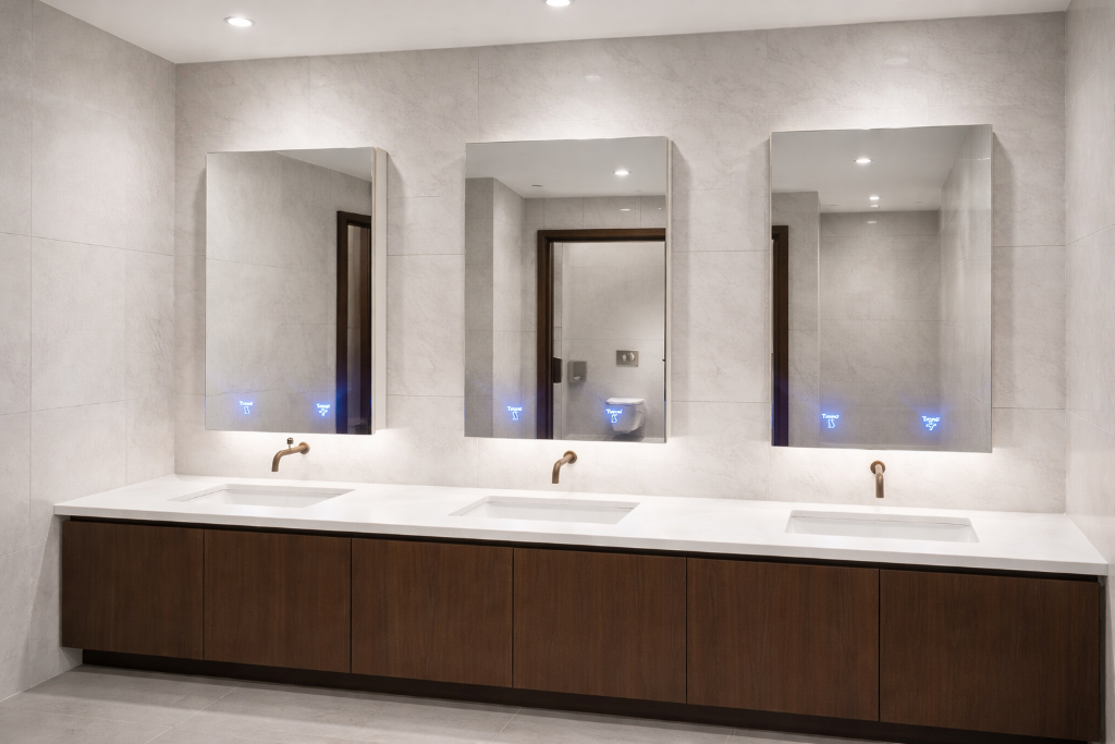 Integrated washroom mirror cabinet with hand dryer and soap dispenser