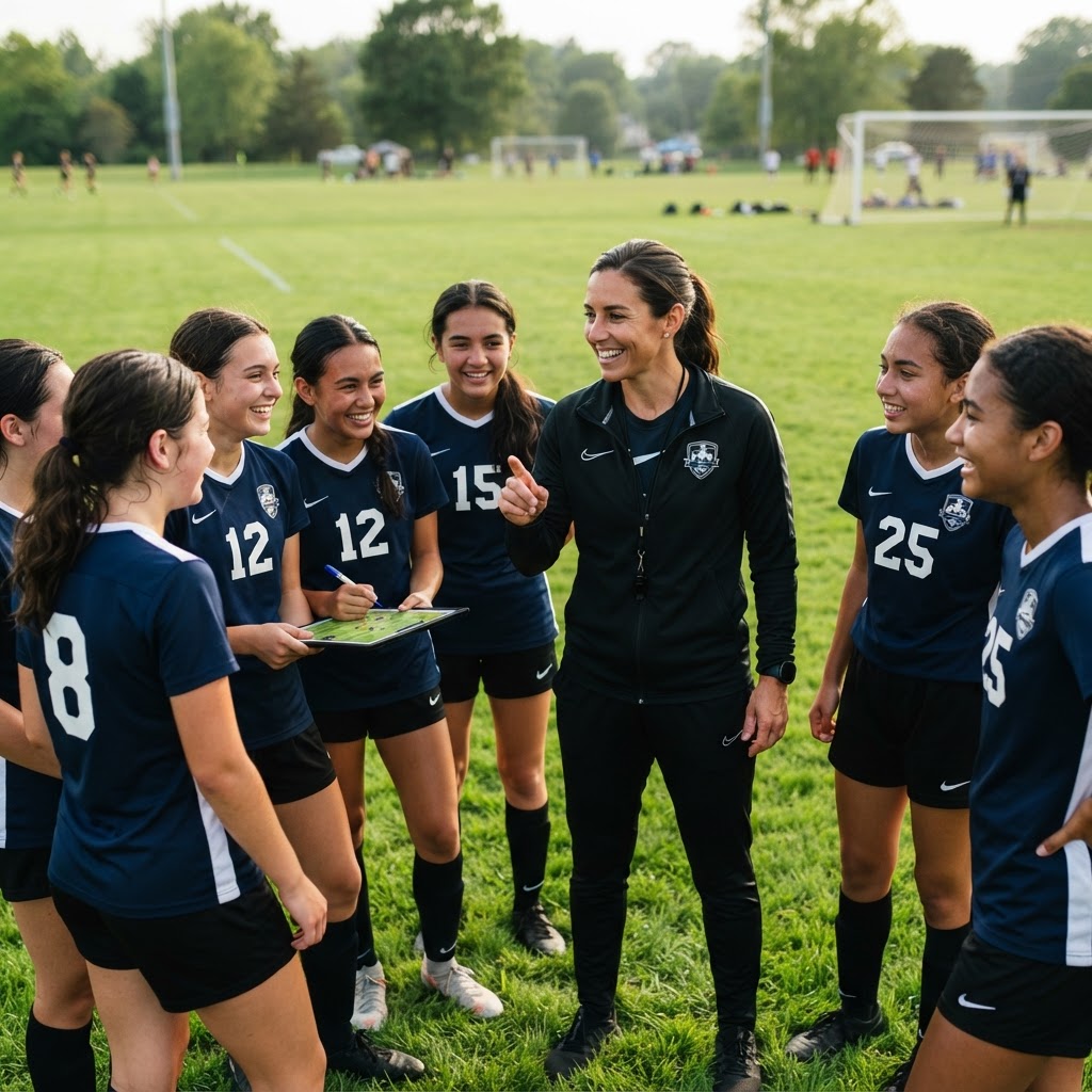 Female coach training a young female soccer team outdoors