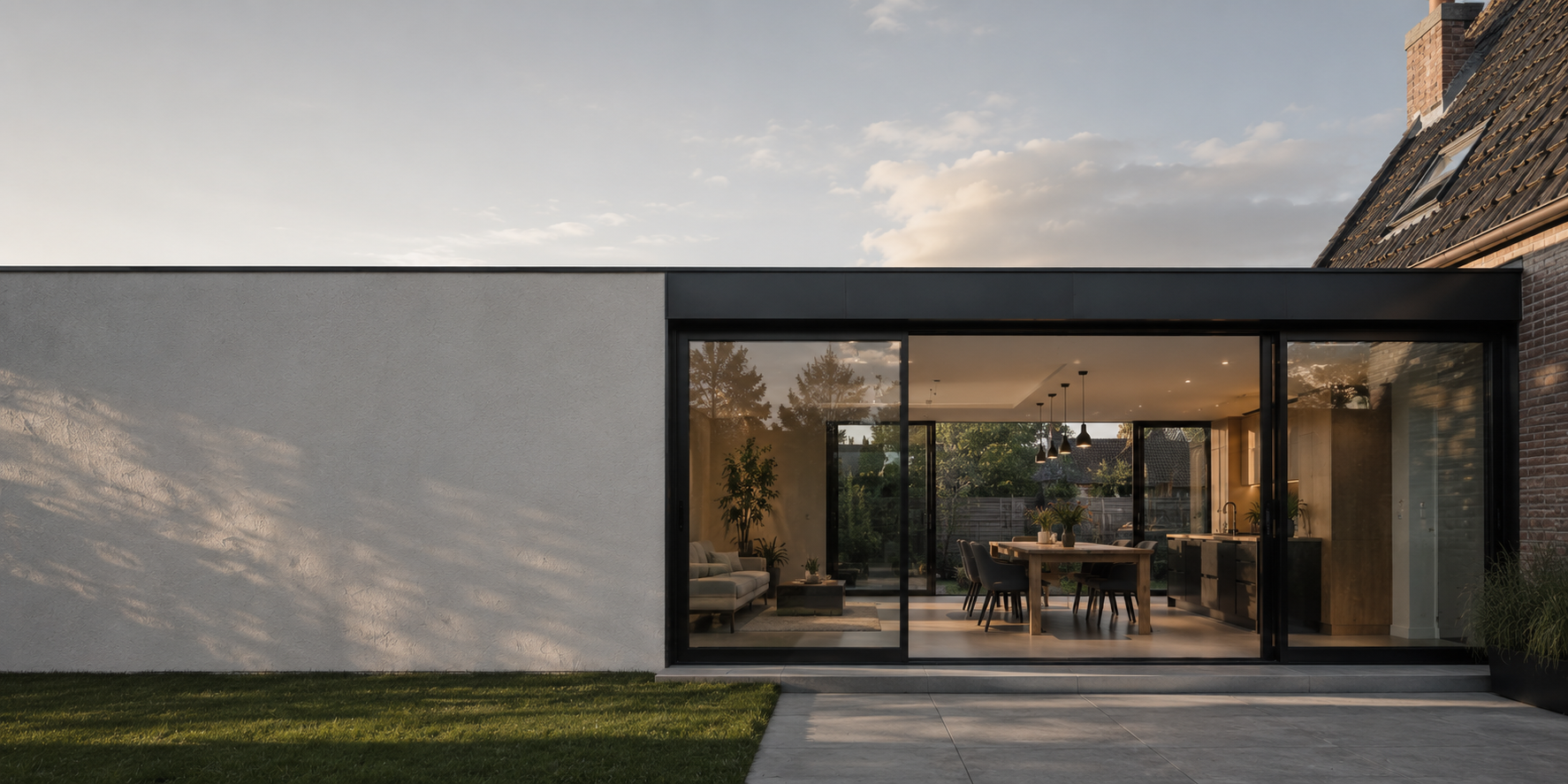 Moderne aanbouw met glazen pui bij zonsondergang