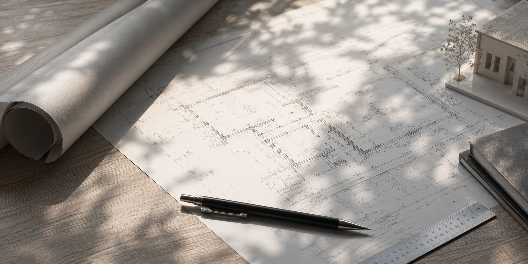 Bouwtekening met pen en rolmaat