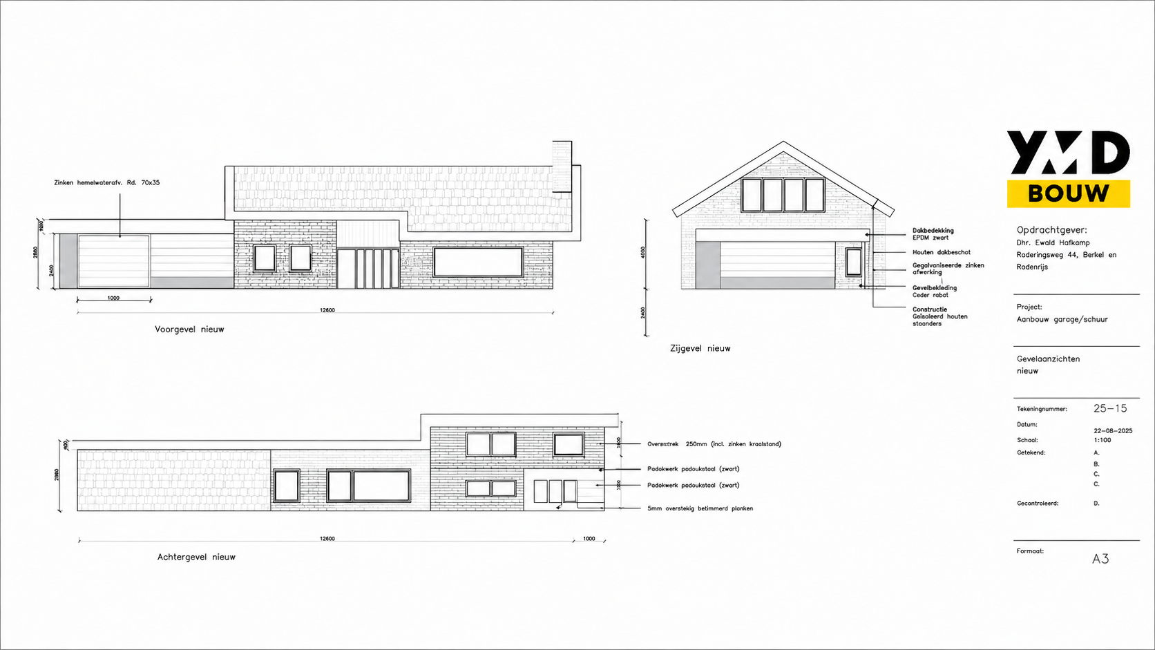 Gevelaanzichten nieuw op schaal 1:100 met materiaalaanduidingen — tekenwerk YMD Bouw