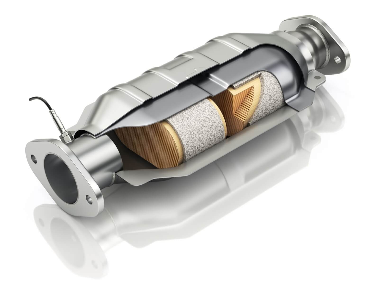 Cutaway view of a catalytic converter showing internal honeycomb ceramic monolith