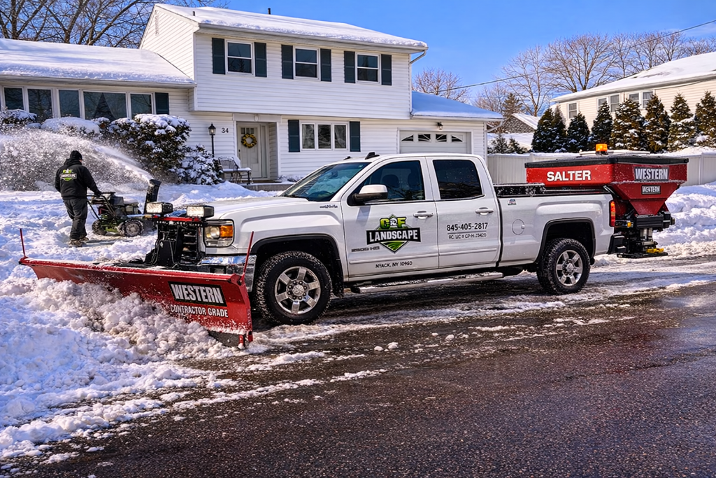 C&F Landscape snow plowing truck with Western plow and salter