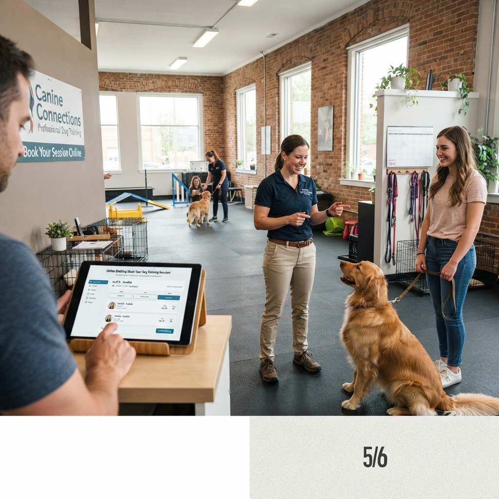 A professional dog trainer using a laptop to manage a client schedule in a bright, modern office space.