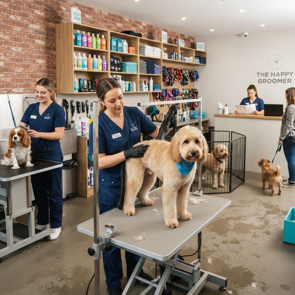 A professional dog groomer smiling while brushing a fluffy golden retriever in a sunlit salon.