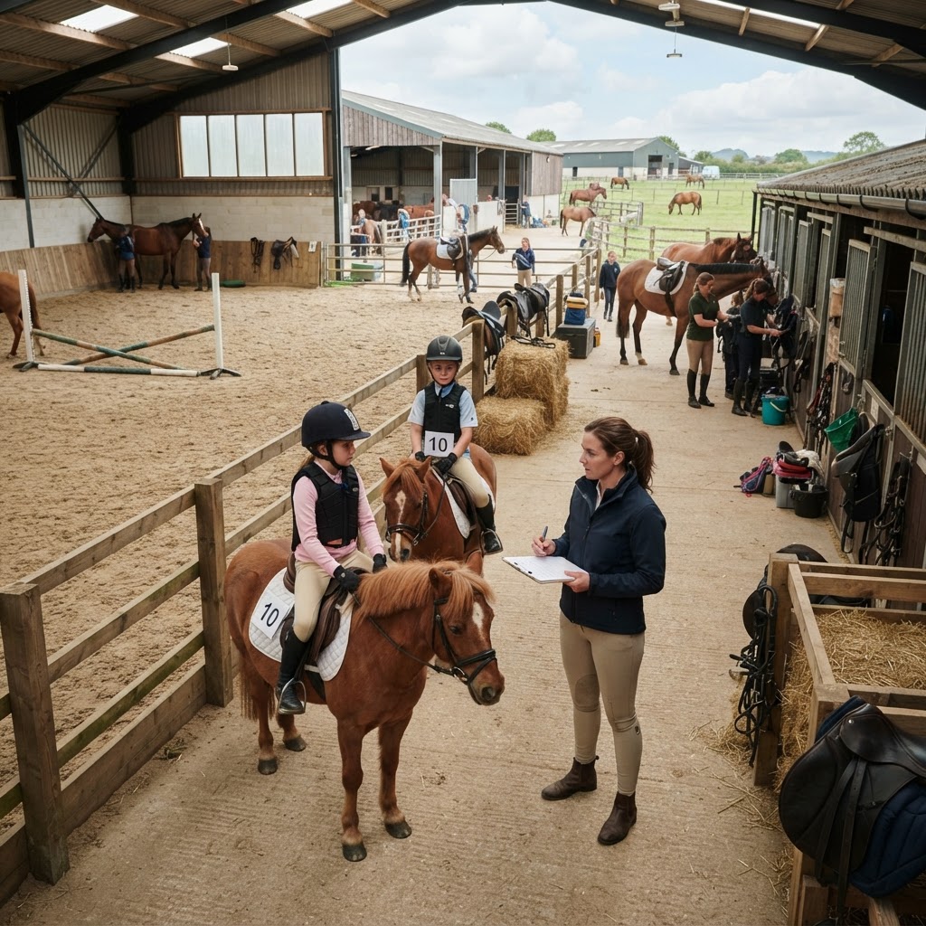 A professional instructor leading a horse through an outdoor riding arena while a student watches attentively.