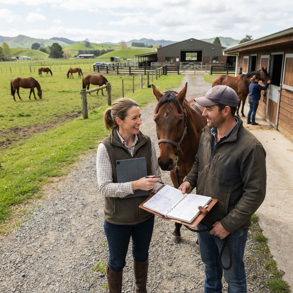 A smiling farmer standing in a green pasture with a horse standing peacefully in the background.