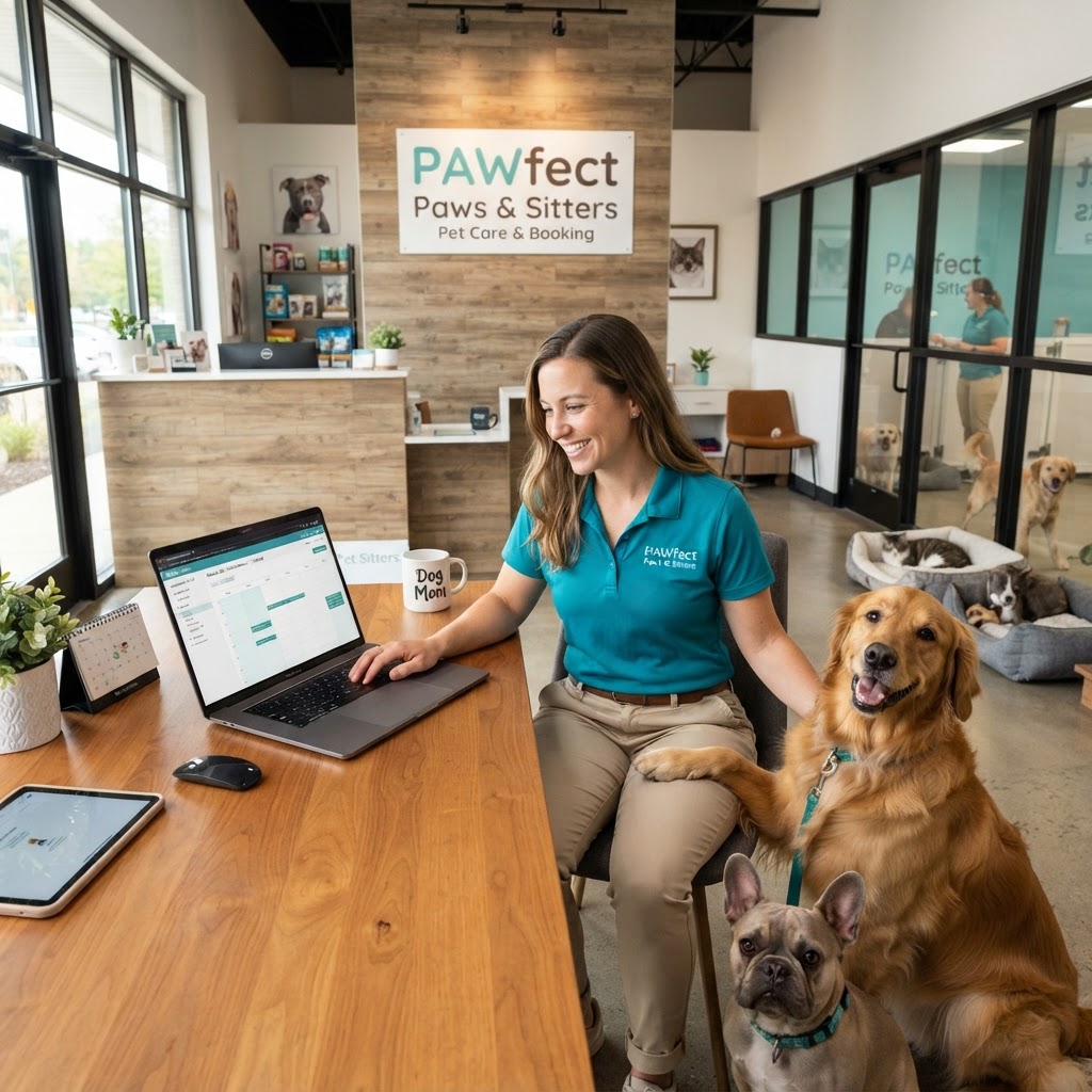 A professional pet sitter smiling while using a tablet to manage client bookings.