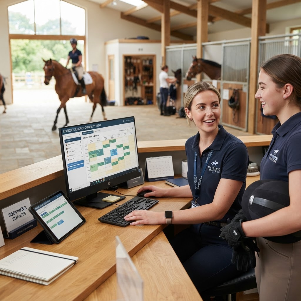 A woman grooming a horse in a stable aisle while looking at a digital tablet.
