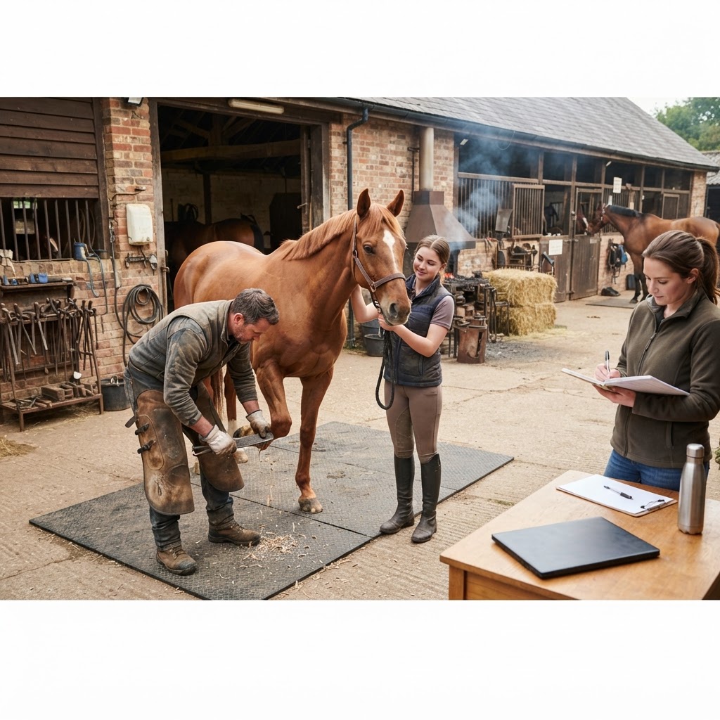 A farrier kneeling and trimming a horse hoof in a sunlit outdoor pasture.