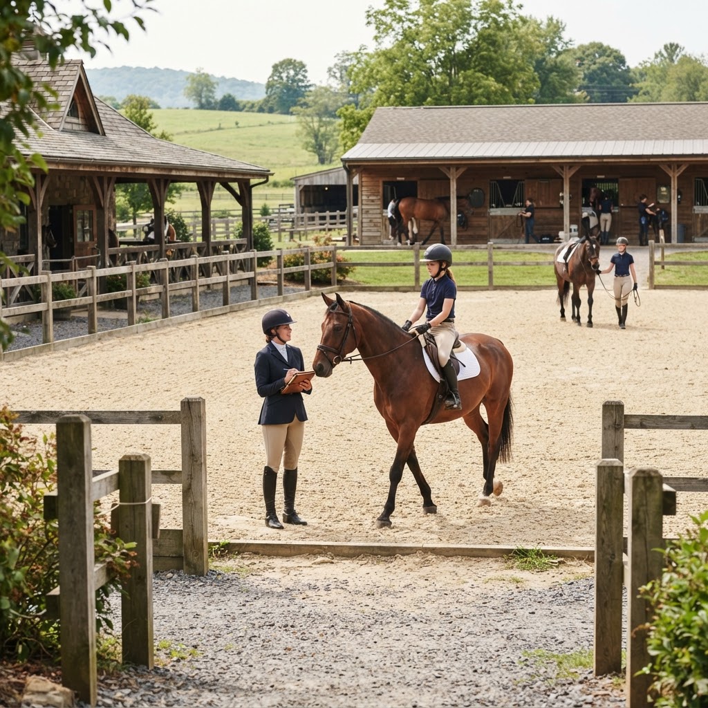 A smiling instructor leads a young student on a brown horse in an outdoor riding ring.