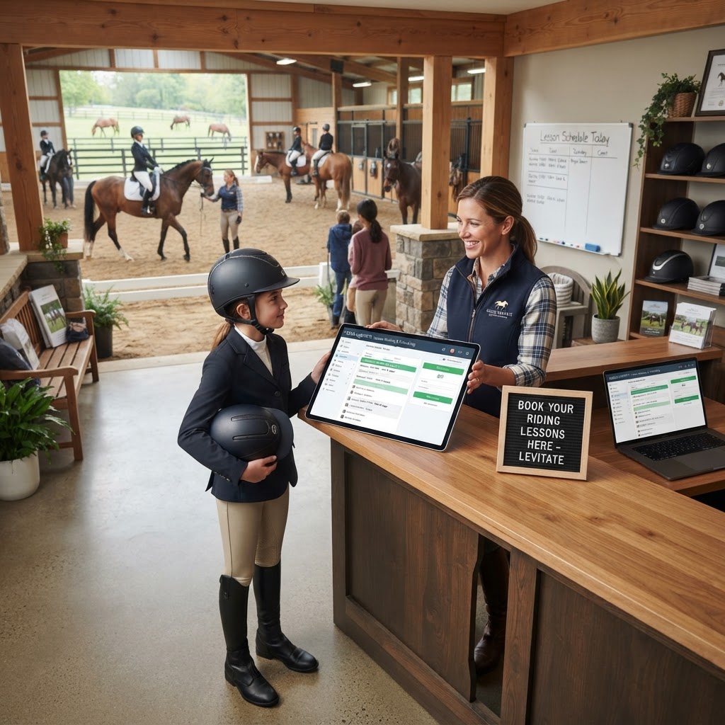 A smiling instructor standing in a stable aisle teaching a student on horseback.