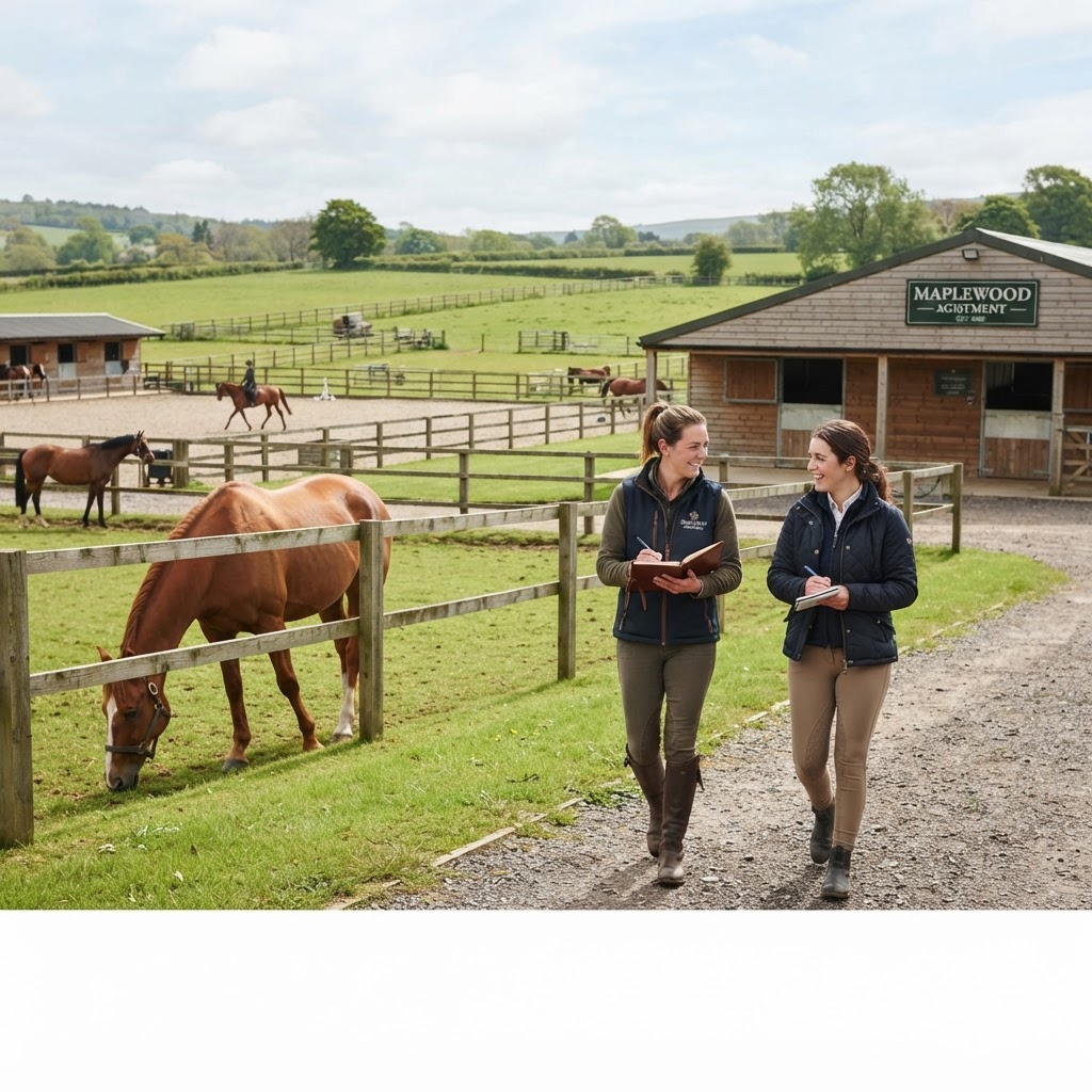 A woman grooming a brown horse in a sunlit wooden stable aisle.