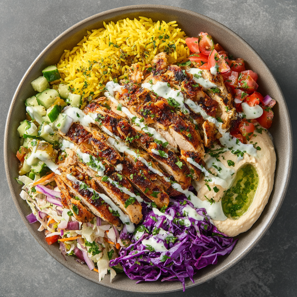 Top-down chicken grain bowl