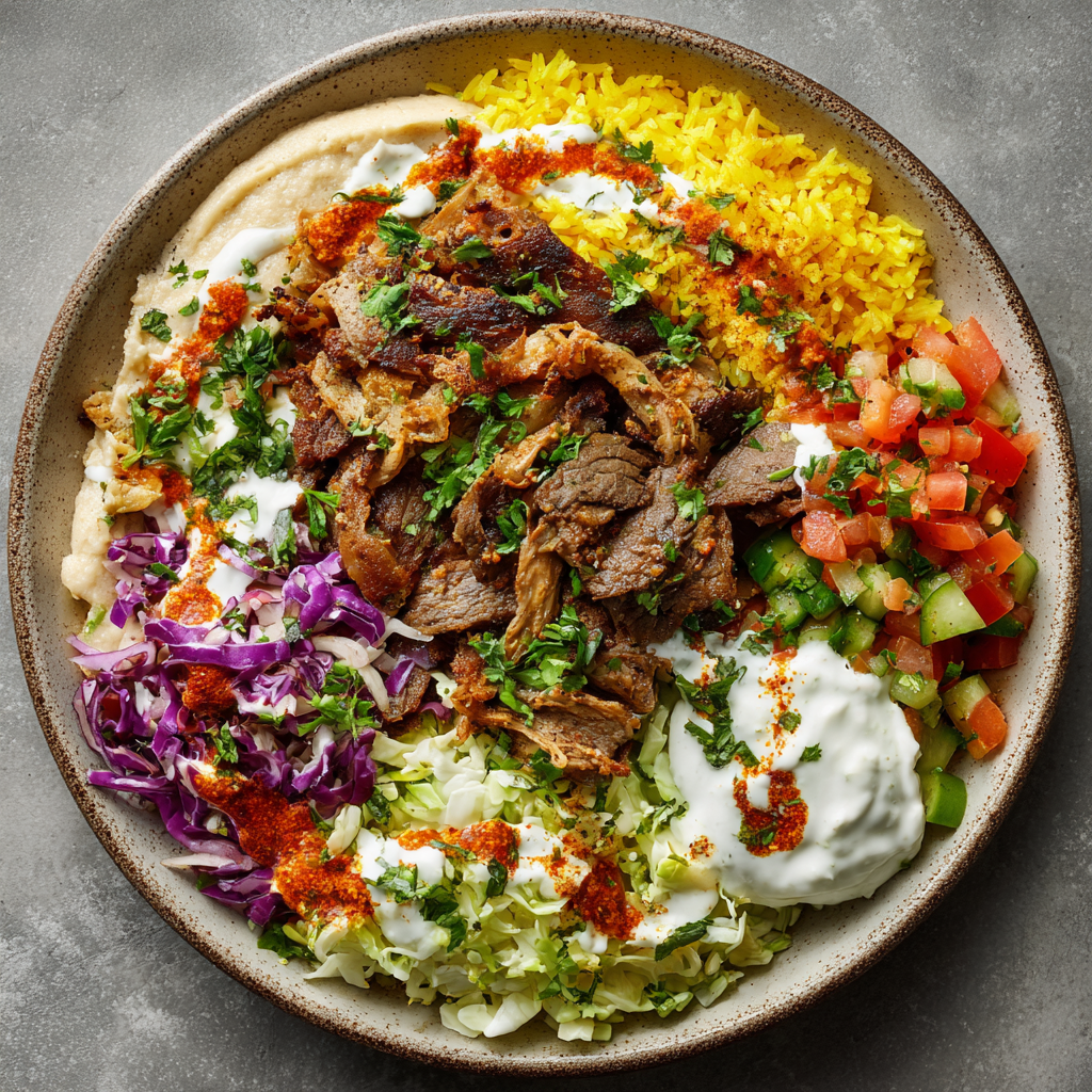 Top-down shawarma rice bowl