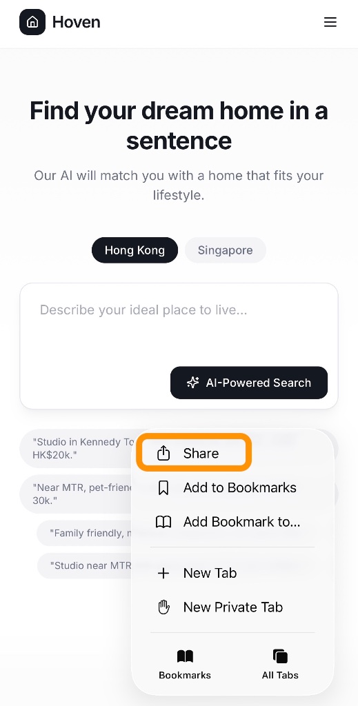 Safari share menu step 1