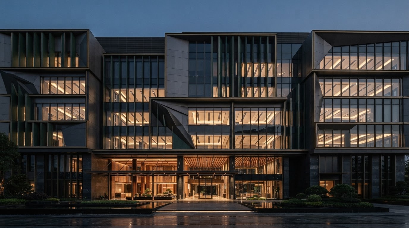 Commercial property facade at dusk