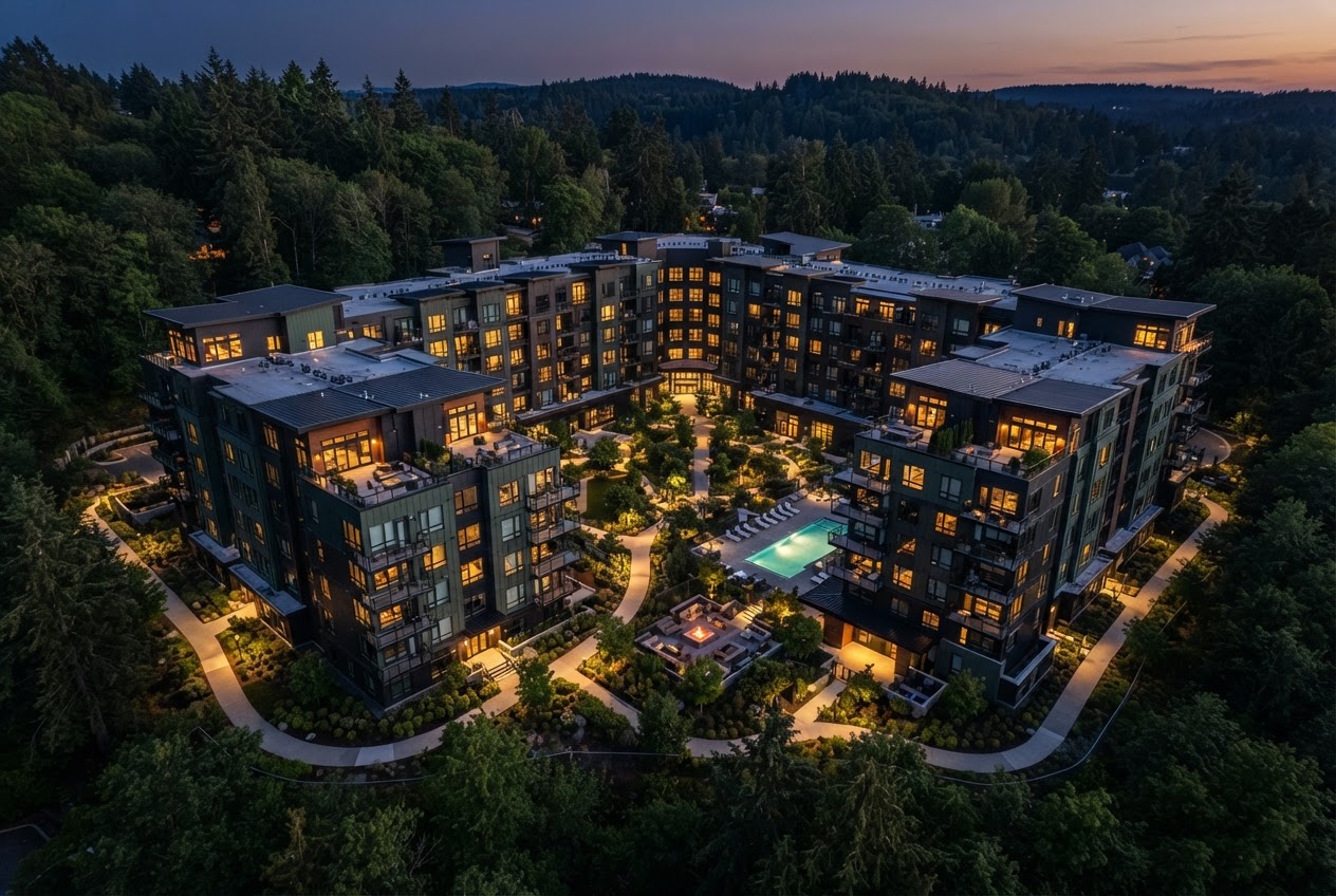 Multifamily residential community at twilight
