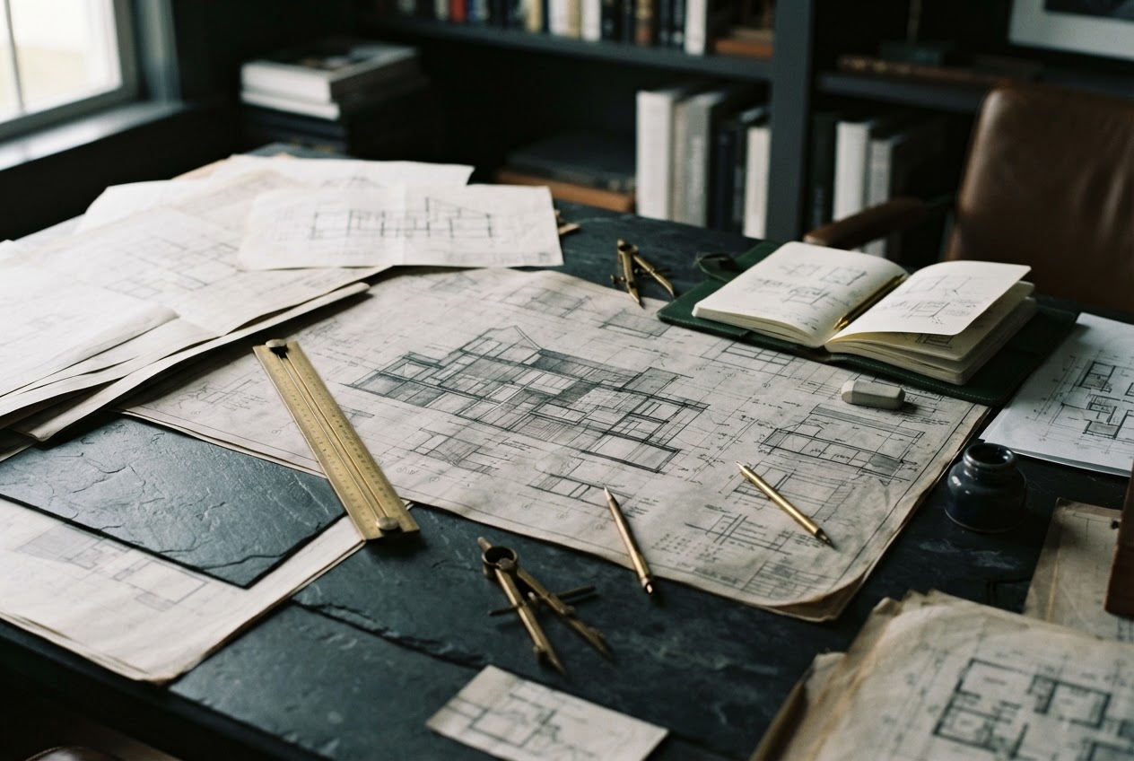 Architectural plans and brass tools