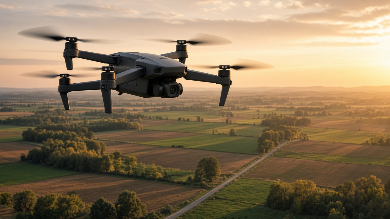 Aerial drone in flight over Eastern Ontario farmland at golden hour