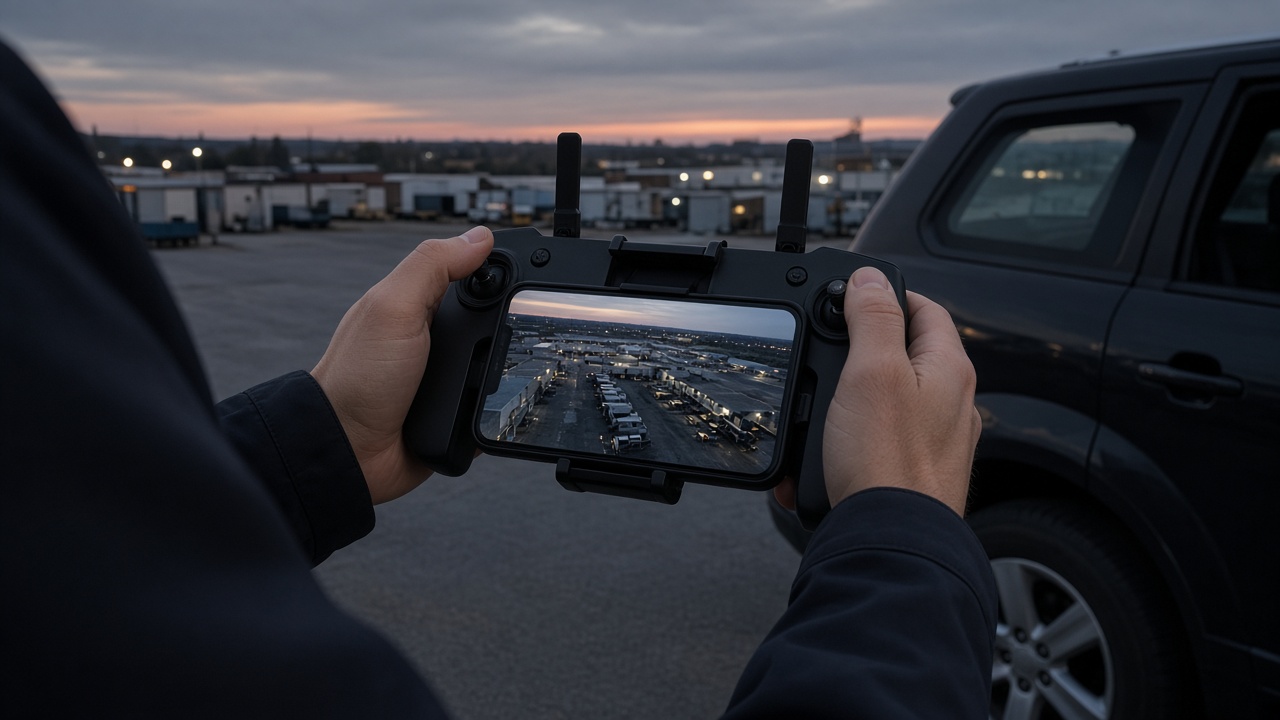 Investigator holding a drone controller showing a live aerial feed