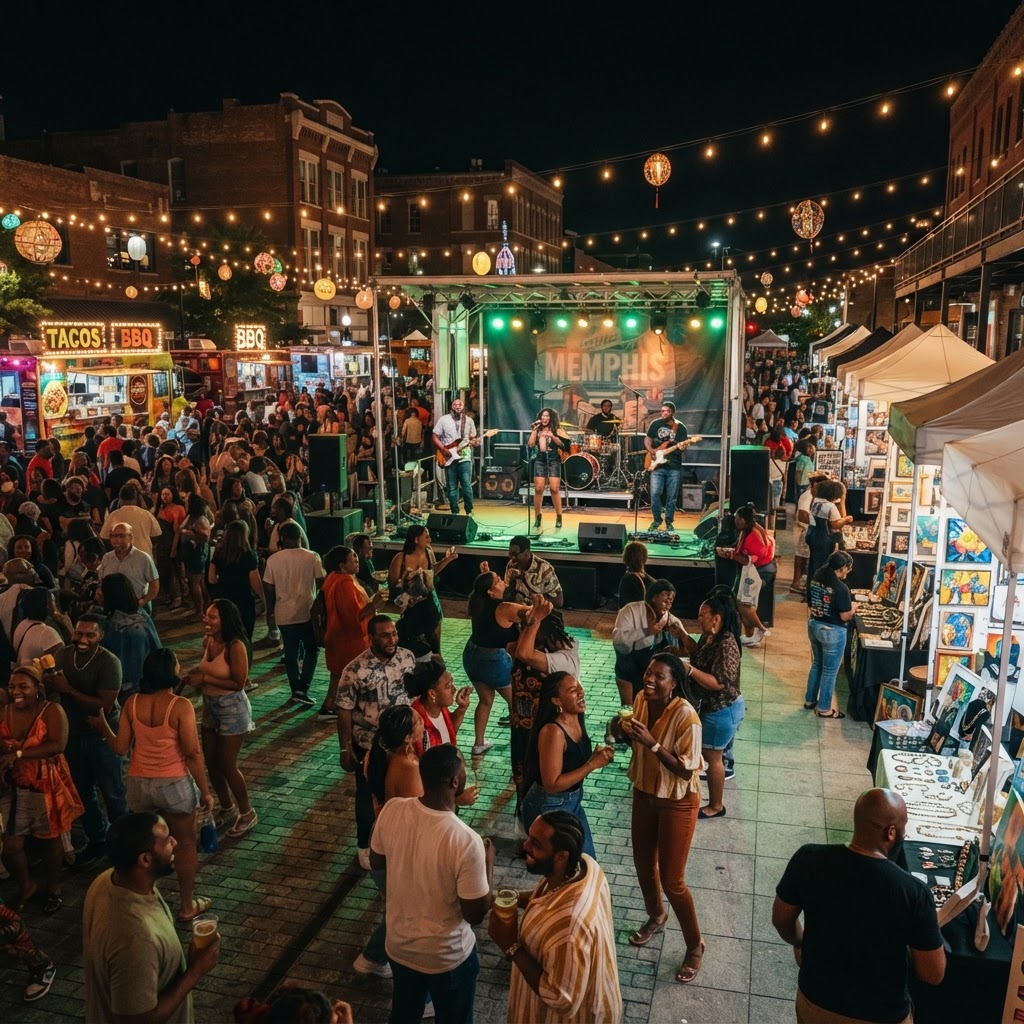 Memphis cultural plaza at night