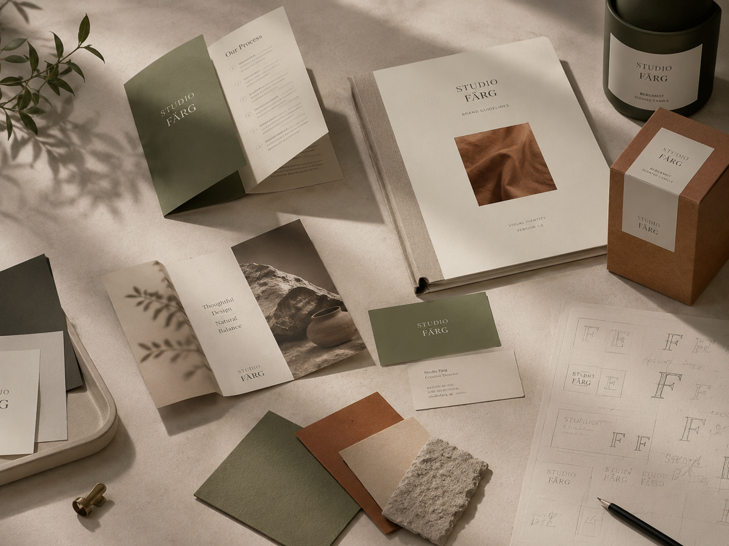 Designprocessen — typografiska kort och färgprover arrangerade på träbord