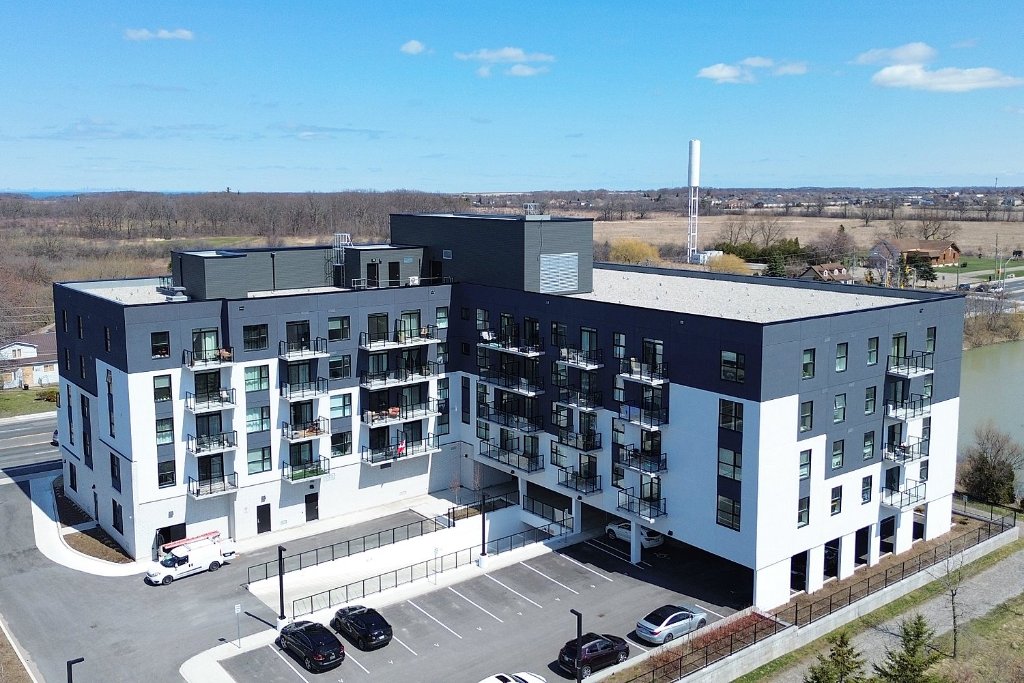 Aerial back view of building