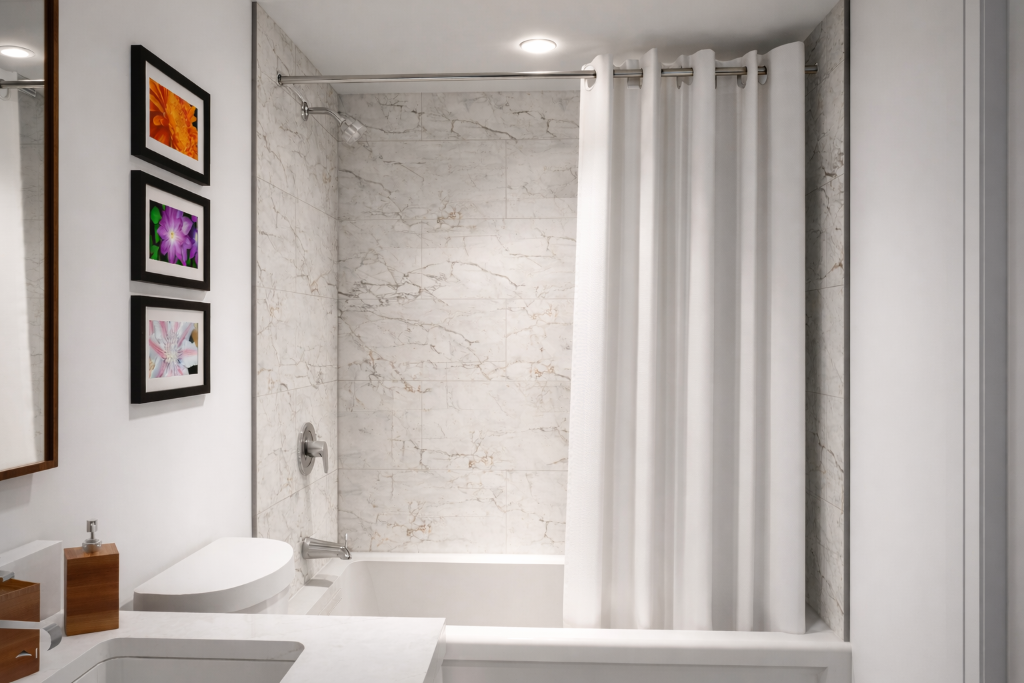 Spa-style bathroom with marble tile