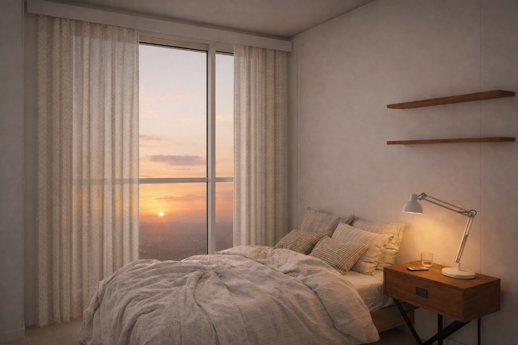 Cozy bedroom with sunset view