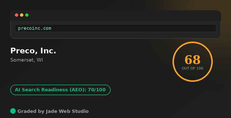 Preco, Inc. website grader scorecard showing overall score of 68 and AI Search Readiness (AEO) score of 70 out of 100
